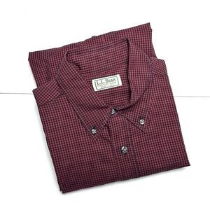Vintage L.L.Bean Cotton Button Up Oxford Shirt Plaid Burgundy Black USA made L